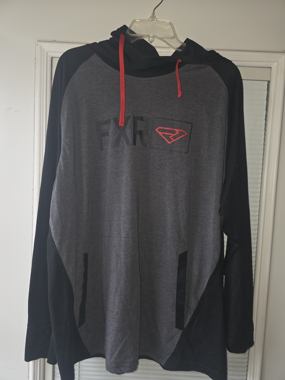 Men's Gray and Black Hooded Long-Sleeve Shirt with Red Accent